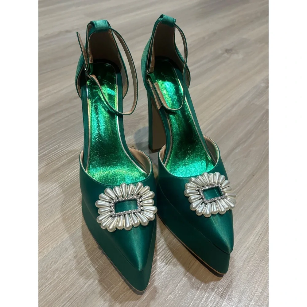 Emerald Green Satin Platform Pumps Pearl Buckle Ankle Strap Block HeelPointedToe